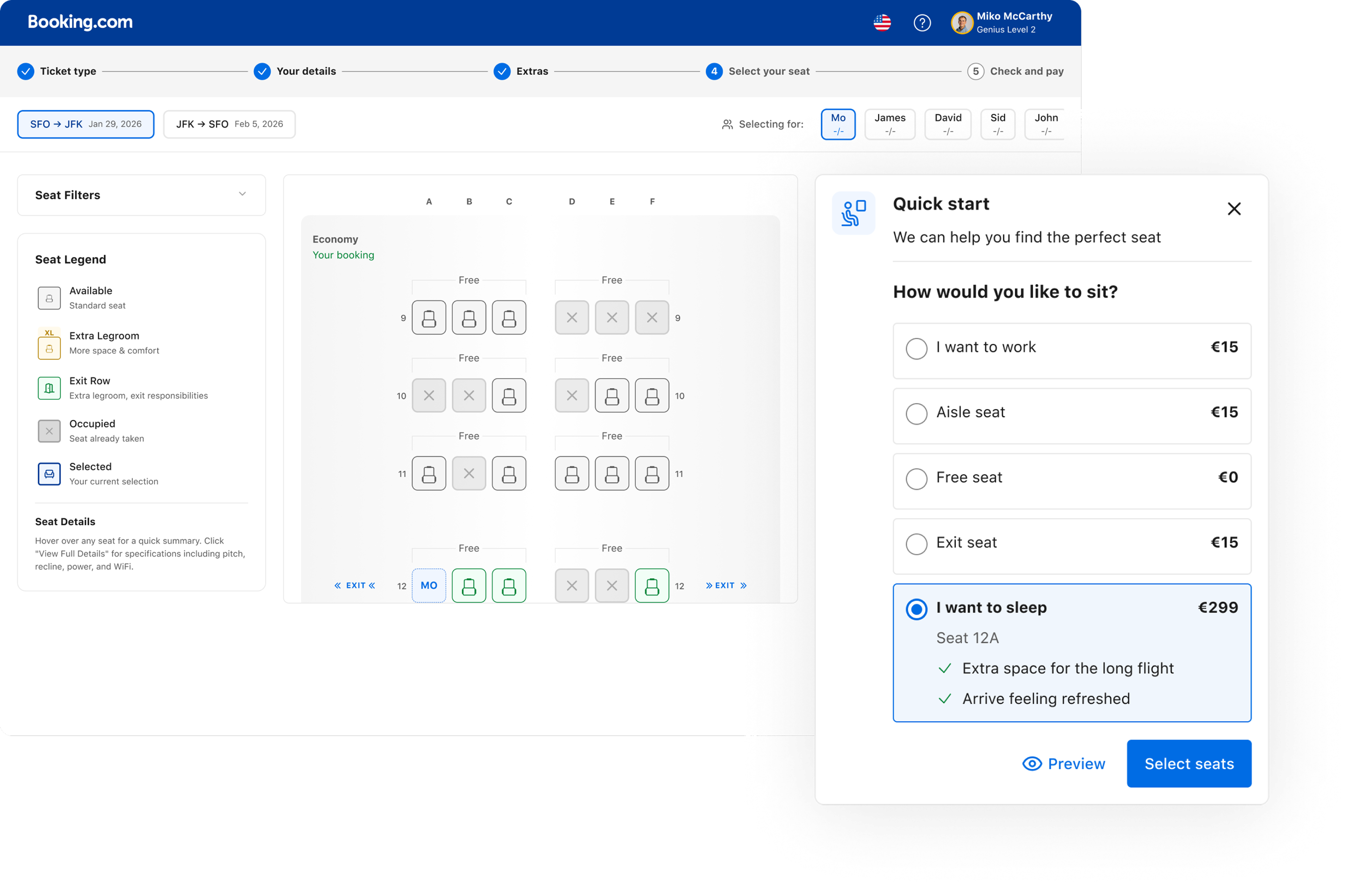 Solo cohort Quick Start: the Booking.com seat map on the left (with passenger MO already placed on the right side of row 12, surrounded by free green seats), and a docked Quick Start modal on the right titled 'We can help you find the perfect seat'. The intent question 'How would you like to sit?' is followed by five radio options — I want to work €15, Aisle seat €15, Free seat €0, Exit seat €15, and the currently selected 'I want to sleep' for €299 (Seat 12A) with two justification bullets: 'Extra space for the long flight' and 'Arrive feeling refreshed'. Preview link and Select seats CTA in the footer.