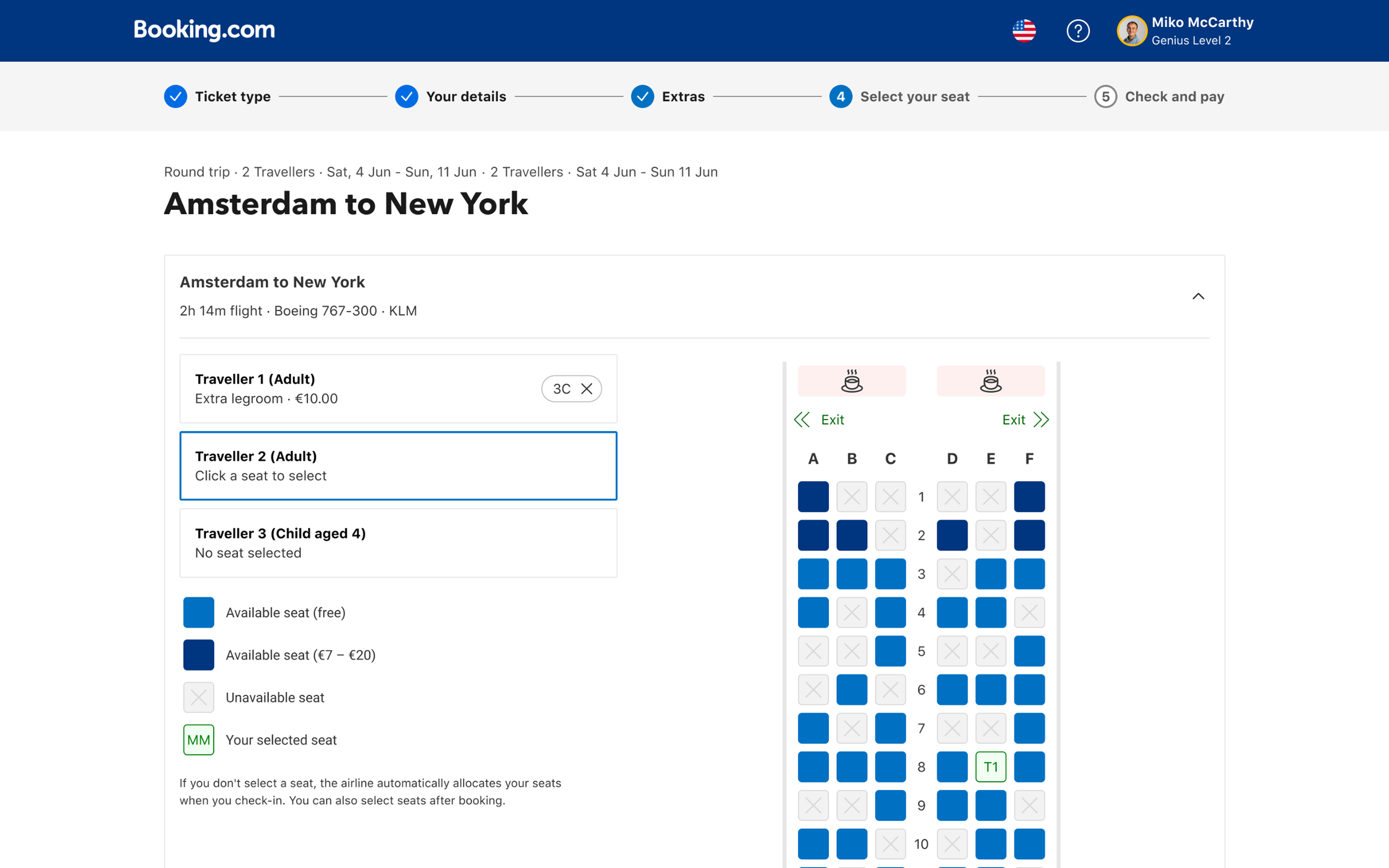 Current Booking.com seat selection: Amsterdam to New York, blue grid of identical seats with a small legend, no amenity context, traveller list on the left.