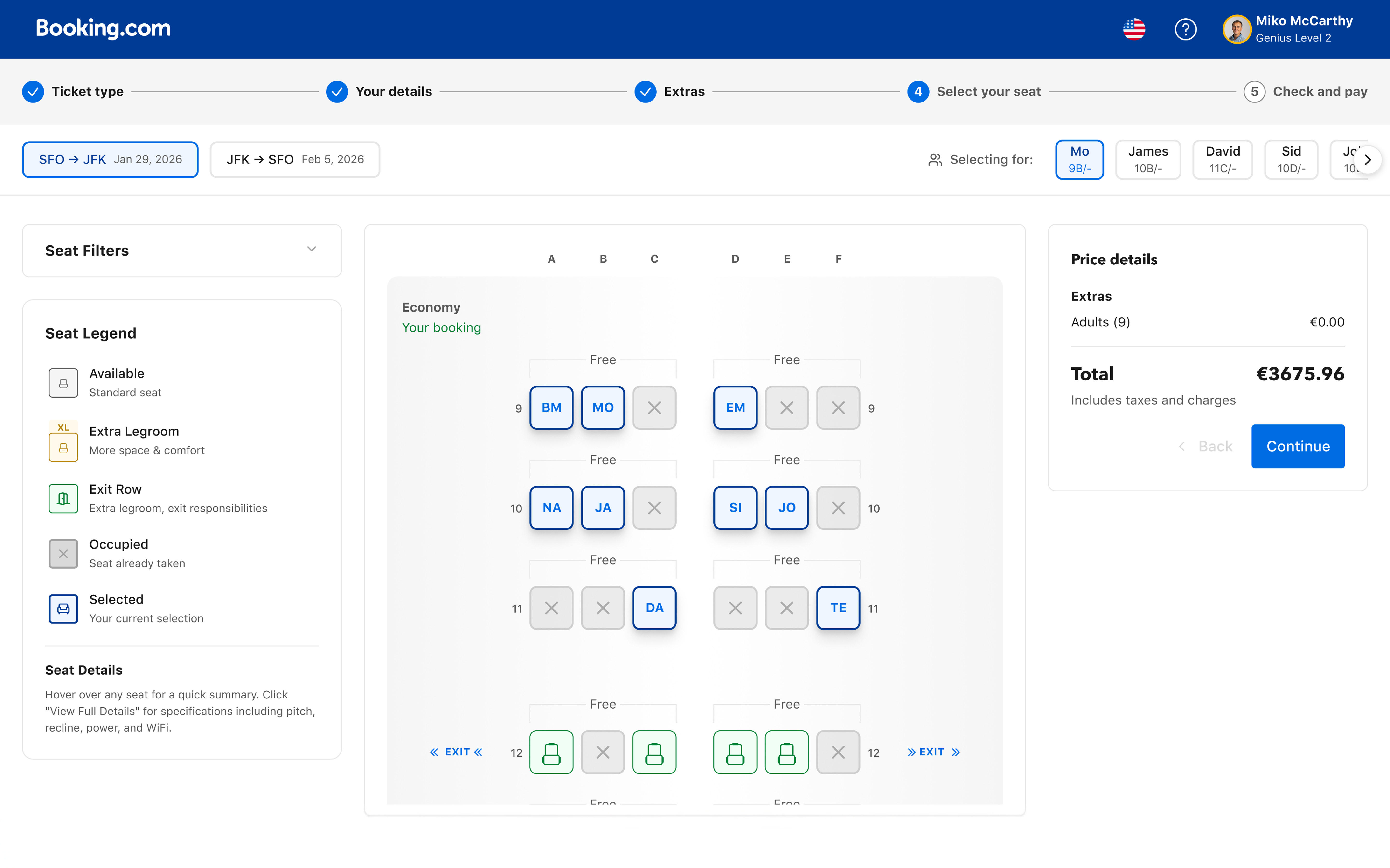 Vision Booking.com seat selection: SFO to JFK, three-zone layout — Seat Filters and Legend on the left rail, central seat map with named travellers occupying their seats and exit-row markers, Price details on the right with continue CTA.